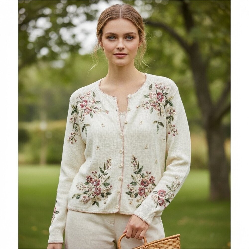 Vintage NWT Heirloom Collectibles Ivory Floral Embroidered Beaded Cardigan XL